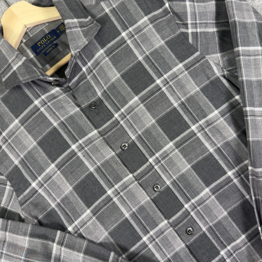 Polo Ralph Lauren Mens Classic Fit Grey Plaid Cotton Button Down Shirt Medium